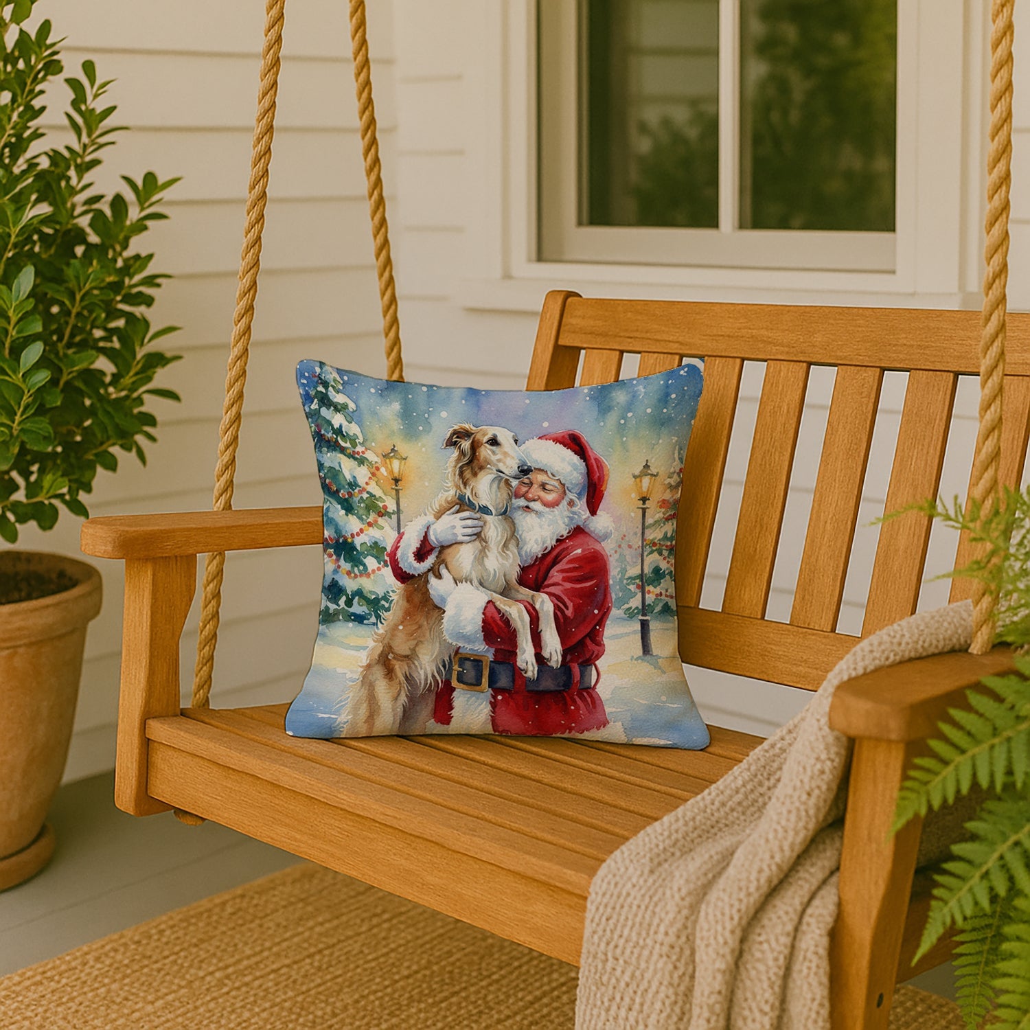 Borzoi/ with Santa Claus Decorative Throw Pillow 18x18 Indoor Outdoor Accent Cushion, Fabric Cover with Insert for Sofa, Bed, Porch & Living Room