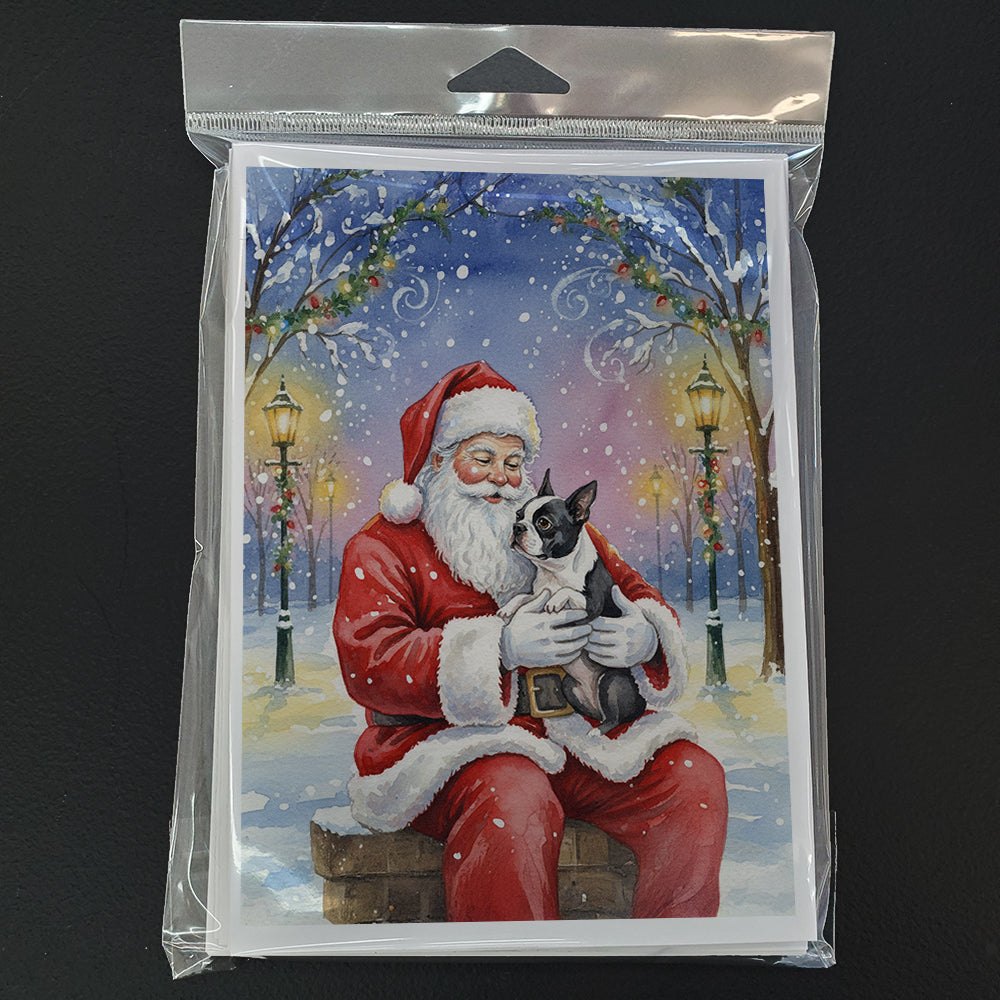 Boston Terrier with Santa Claus Greeting Cards Pack of 8 Blank Cards with Envelopes Whimsical A7 Size 5x7