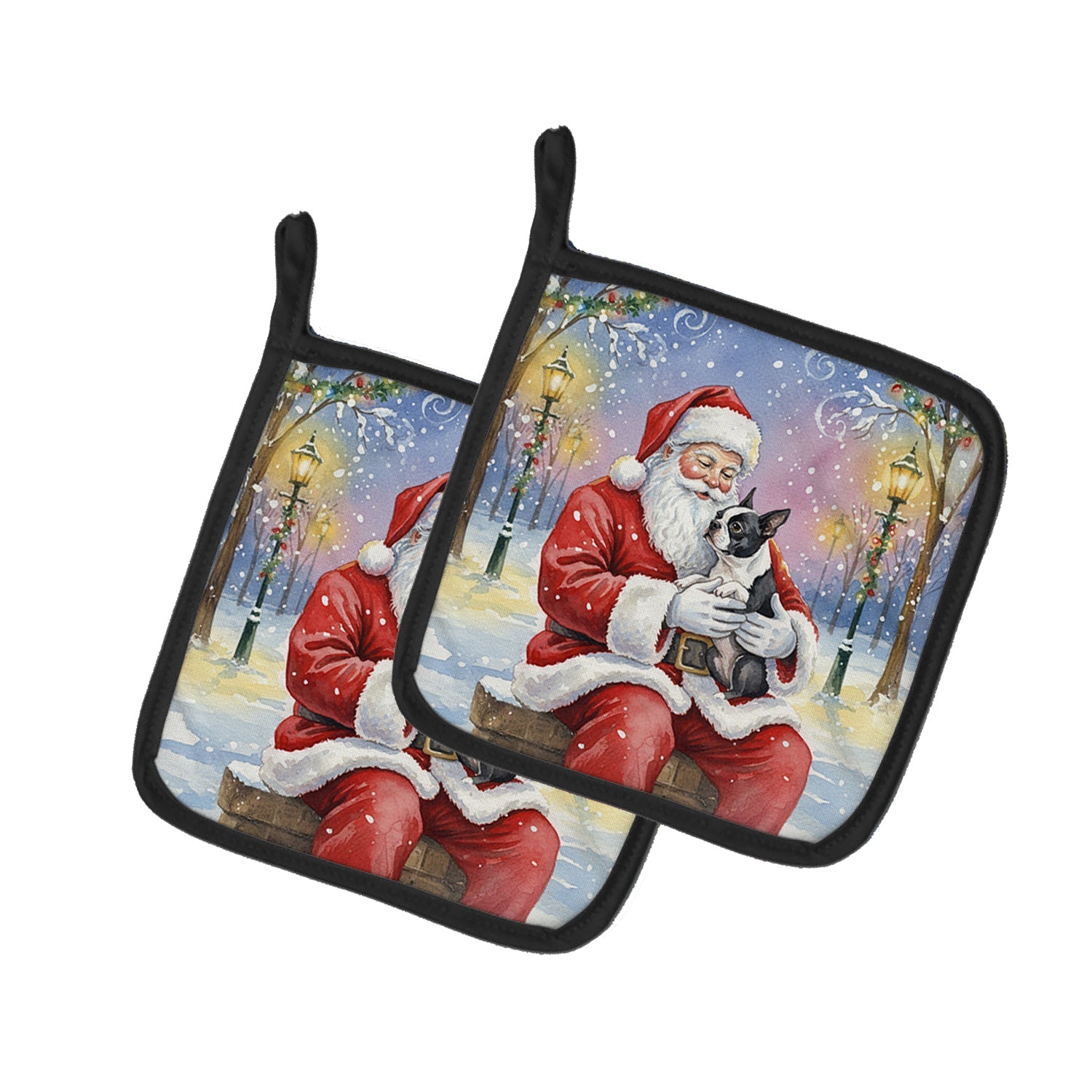Boston Terrier with Santa Claus Pot Holder Set of 2 Heat Resistant Quilted Hot Pads 7.5 x 7.5 Inch, Insulated Kitchen Trivets for Cooking & Baking