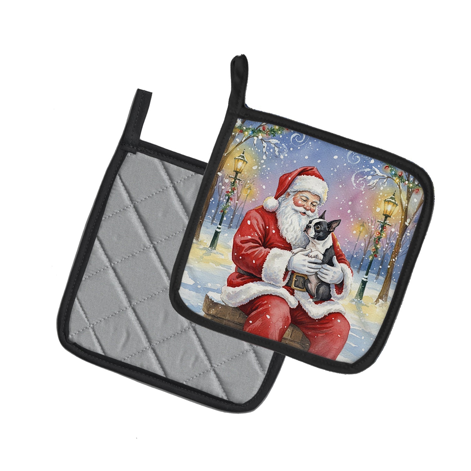 Boston Terrier with Santa Claus Pot Holder Set of 2 Heat Resistant Quilted Hot Pads 7.5 x 7.5 Inch, Insulated Kitchen Trivets for Cooking & Baking