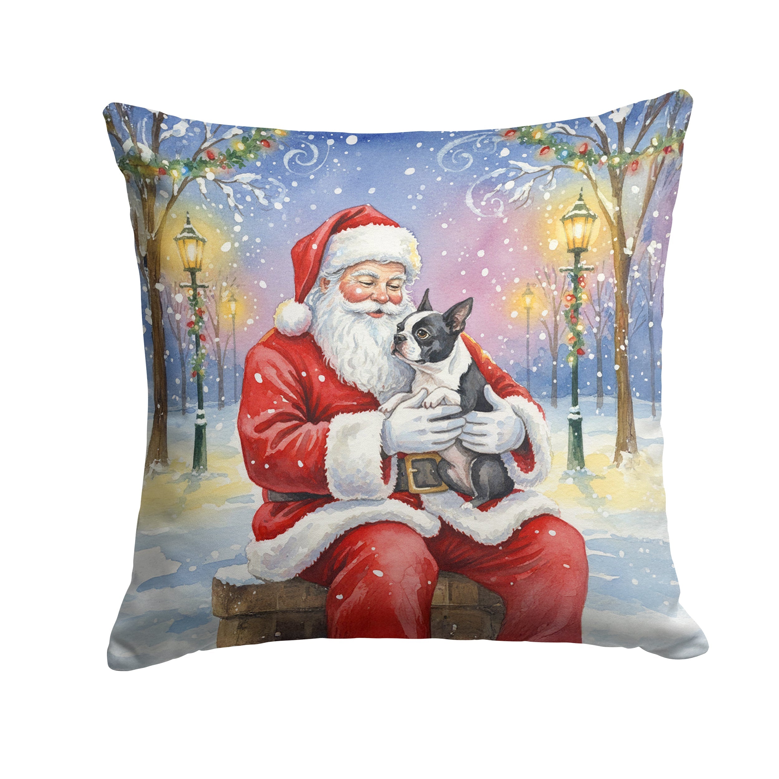 Boston Terrier with Santa Claus Decorative Throw Pillow 14x14 Indoor Outdoor Accent Cushion, Fabric Cover with Insert for Sofa, Bed, Porch & Living Room
