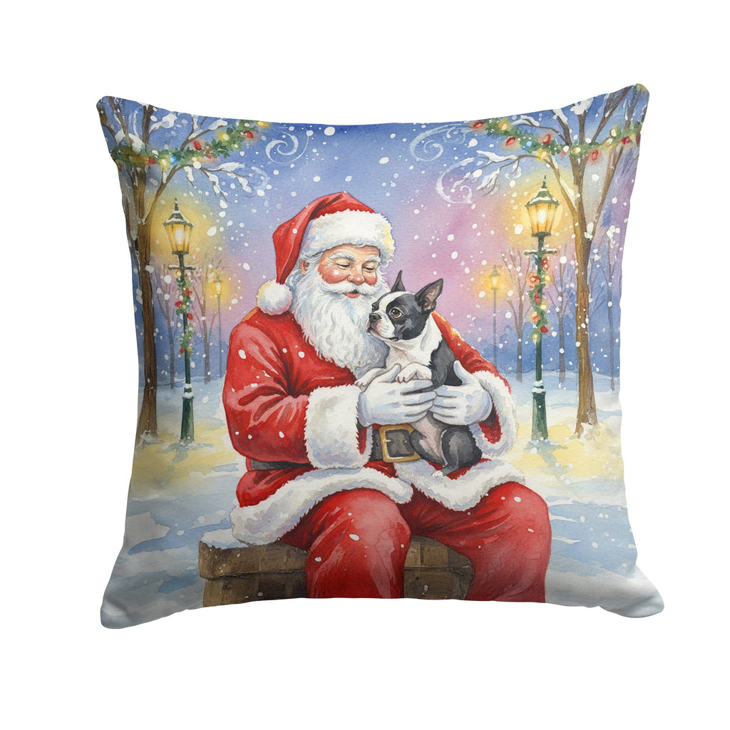 Boston Terrier with Santa Claus Decorative Throw Pillow 18x18 Indoor Outdoor Accent Cushion, Fabric Cover with Insert for Sofa, Bed, Porch & Living Room