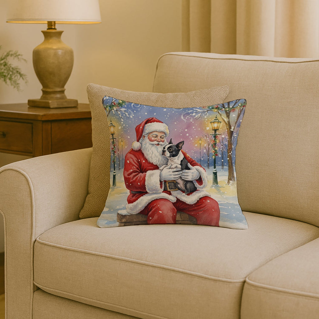 Boston Terrier with Santa Claus Decorative Throw Pillow 18x18 Indoor Outdoor Accent Cushion, Fabric Cover with Insert for Sofa, Bed, Porch & Living Room