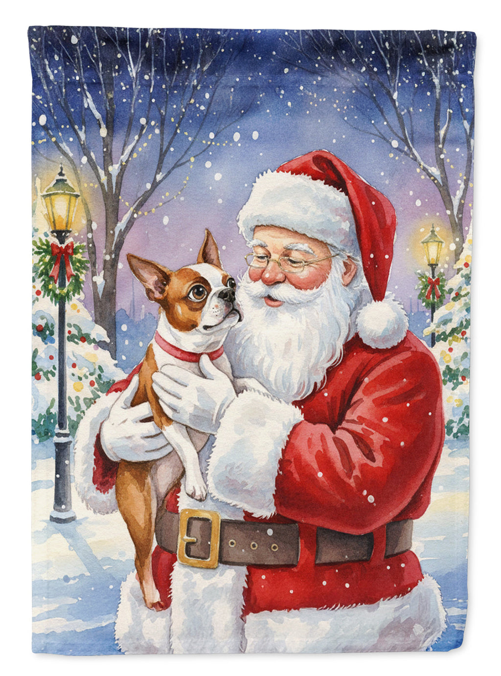 Red Boston Terrier with Santa Claus House Flag 28x40 Porch Sleeve Pole Decorative Outside Yard Banner Artwork Wall Hanging, Polyester