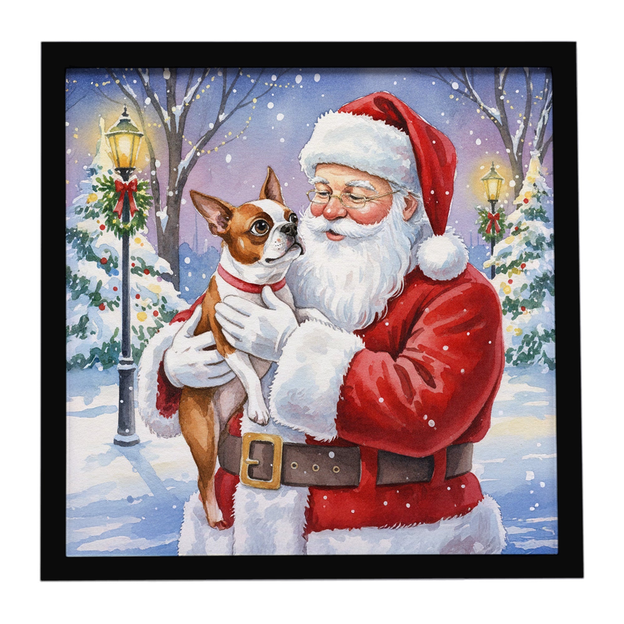 Red Boston Terrier with Santa Claus Framed Metal Print Bathroom, Kitchen, Office, Home Decor Wall Art Ready to Hang, Square, 8X8