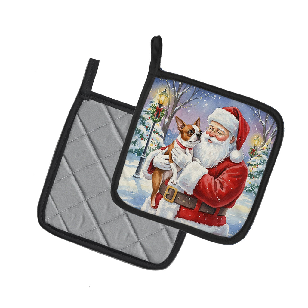Red Boston Terrier with Santa Claus Pot Holder Set of 2 Heat Resistant Quilted Hot Pads 7.5 x 7.5 Inch, Insulated Kitchen Trivets for Cooking & Baking