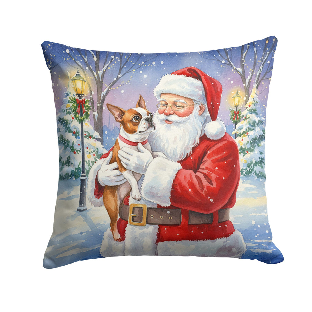 Red Boston Terrier with Santa Claus Decorative Throw Pillow 14x14 Indoor Outdoor Accent Cushion, Fabric Cover with Insert for Sofa, Bed, Porch & Living Room