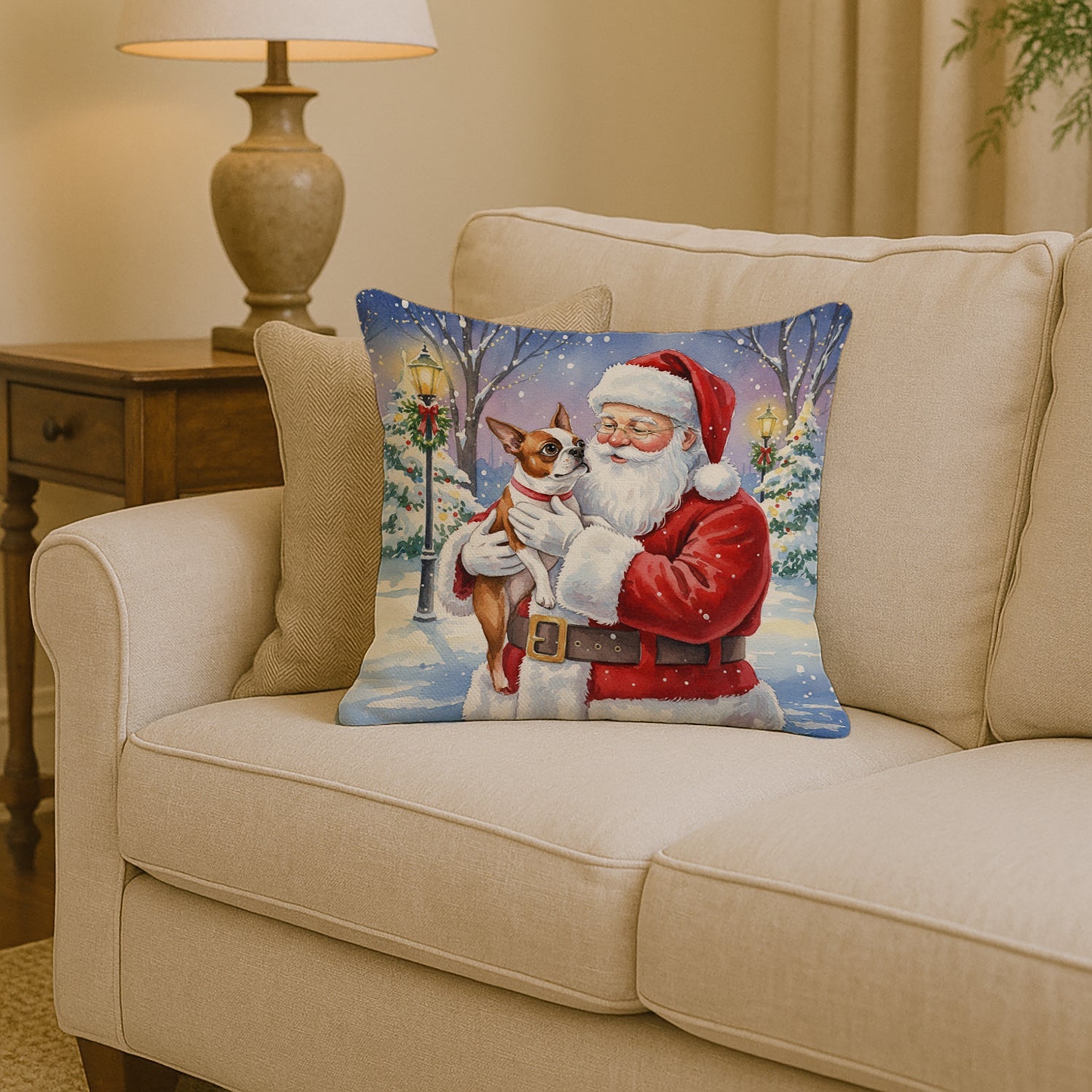 Red Boston Terrier with Santa Claus Decorative Throw Pillow 14x14 Indoor Outdoor Accent Cushion, Fabric Cover with Insert for Sofa, Bed, Porch & Living Room