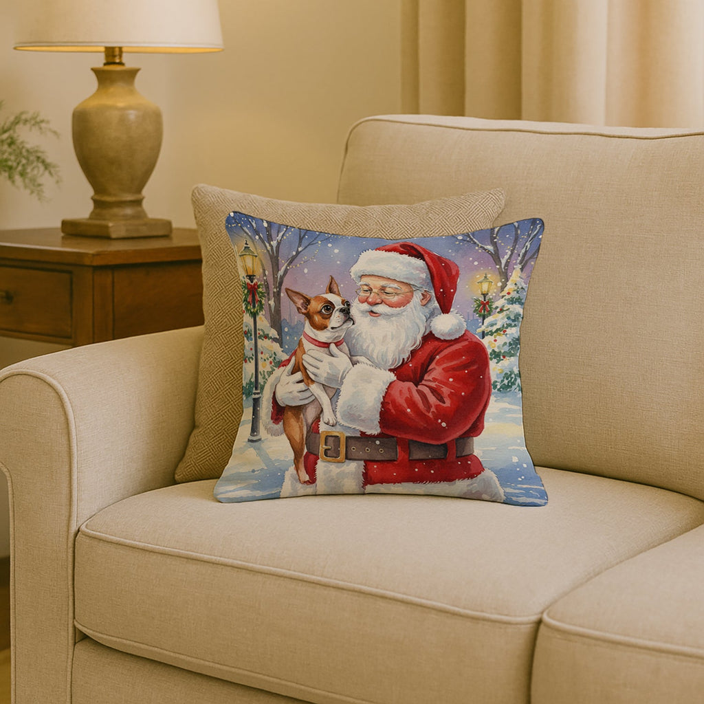 Red Boston Terrier with Santa Claus Decorative Throw Pillow 18x18 Indoor Outdoor Accent Cushion, Fabric Cover with Insert for Sofa, Bed, Porch & Living Room