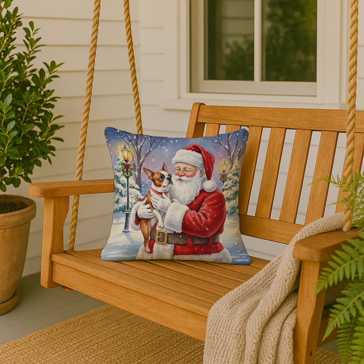 Red Boston Terrier with Santa Claus Decorative Throw Pillow 18x18 Indoor Outdoor Accent Cushion, Fabric Cover with Insert for Sofa, Bed, Porch & Living Room