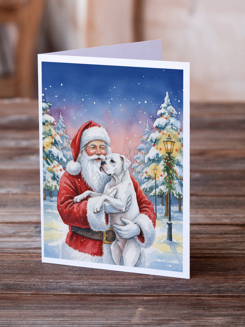 White Boxer with Santa Claus Greeting Cards Pack of 8 Blank Cards with Envelopes Whimsical A7 Size 5x7