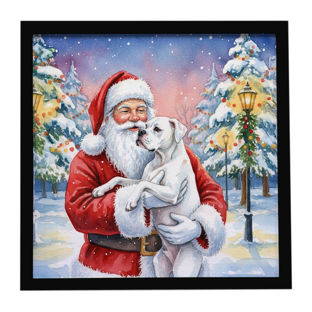 White Boxer with Santa Claus Framed Metal Print Bathroom, Kitchen, Office, Home Decor Wall Art Ready to Hang, Square, 8X8