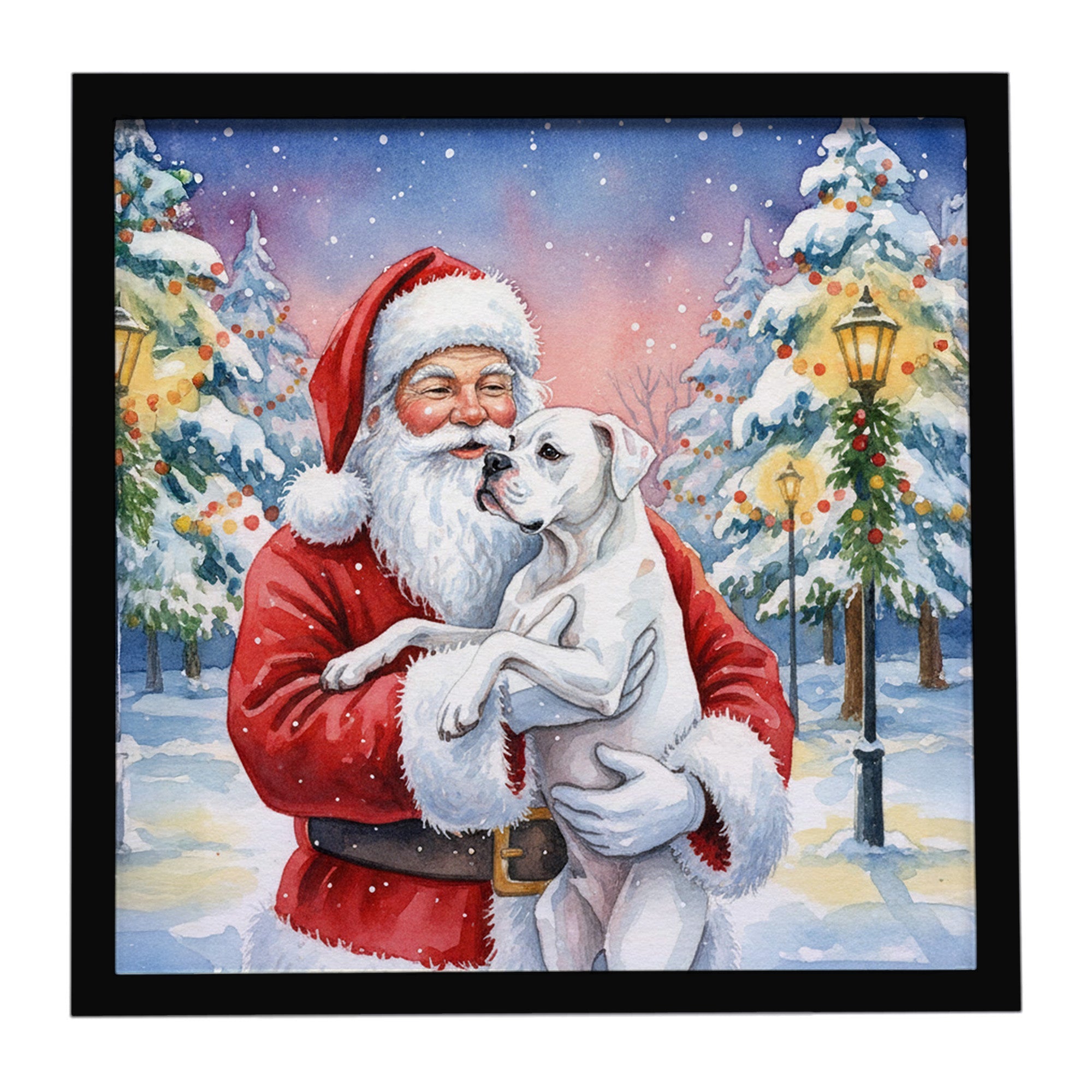 White Boxer with Santa Claus Framed Metal Print Bathroom, Kitchen, Office, Home Decor Wall Art Ready to Hang, Square, 8X8