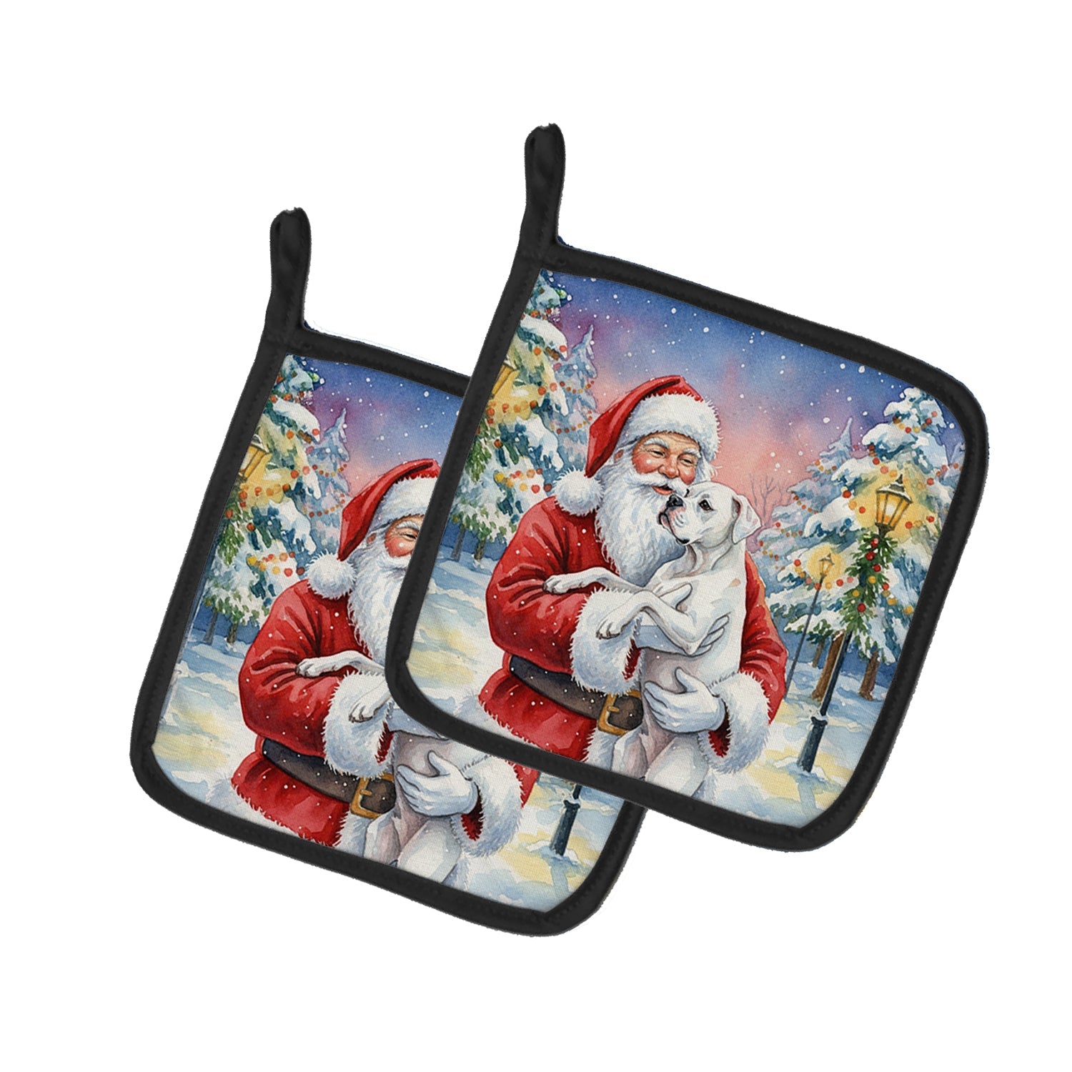 White Boxer with Santa Claus Pot Holder Set of 2 Heat Resistant Quilted Hot Pads 7.5 x 7.5 Inch, Insulated Kitchen Trivets for Cooking & Baking