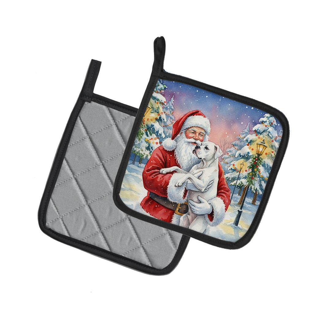 White Boxer with Santa Claus Pot Holder Set of 2 Heat Resistant Quilted Hot Pads 7.5 x 7.5 Inch, Insulated Kitchen Trivets for Cooking & Baking
