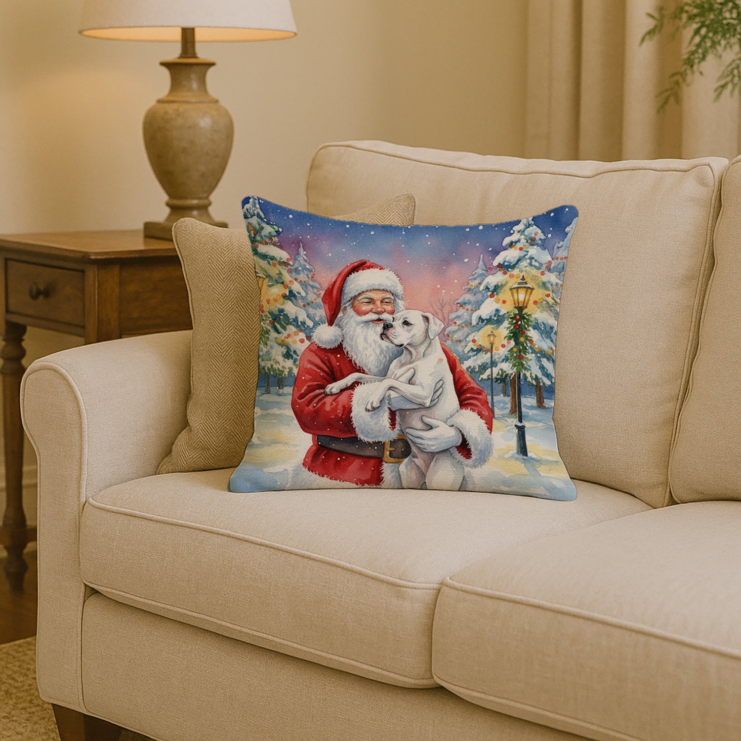 White Boxer with Santa Claus Decorative Throw Pillow 14x14 Indoor Outdoor Accent Cushion, Fabric Cover with Insert for Sofa, Bed, Porch & Living Room