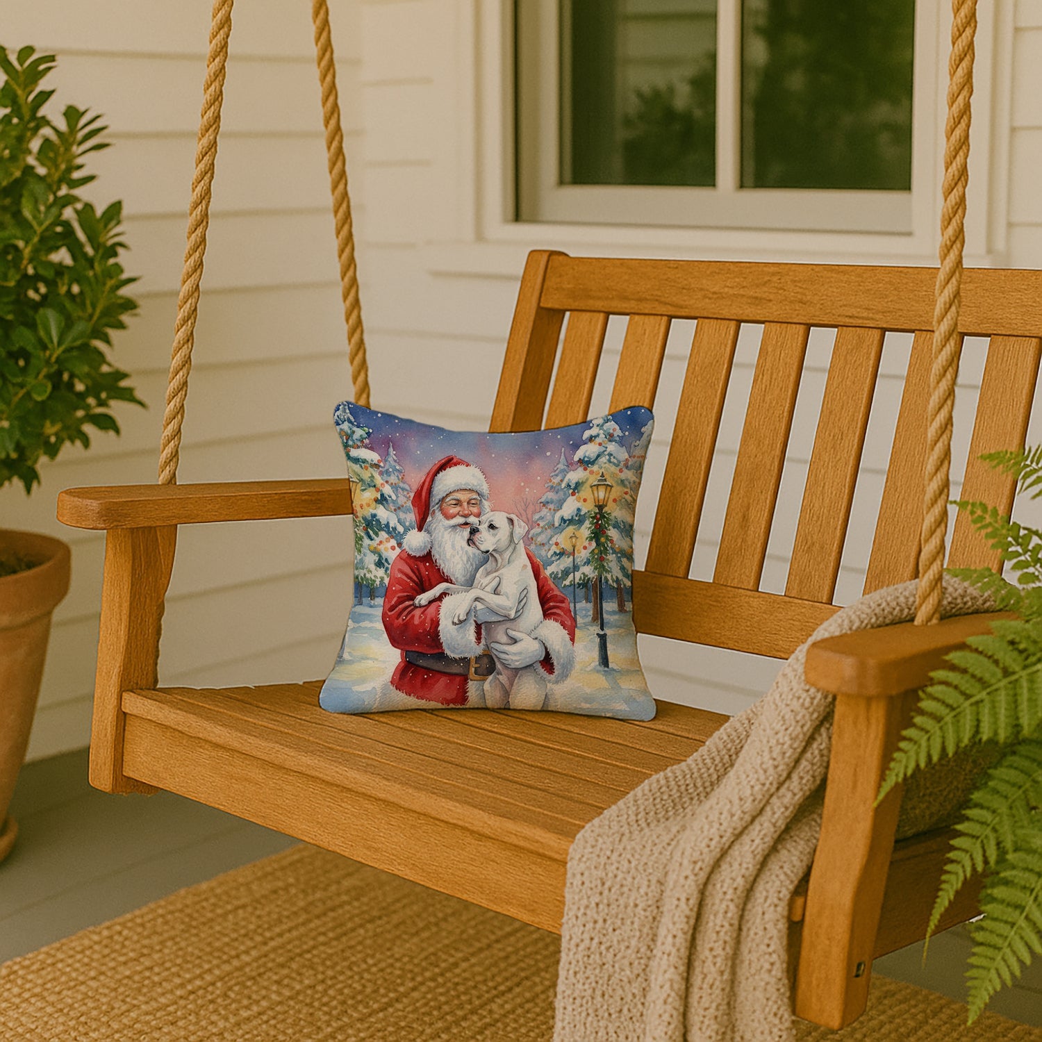 White Boxer with Santa Claus Decorative Throw Pillow 14x14 Indoor Outdoor Accent Cushion, Fabric Cover with Insert for Sofa, Bed, Porch & Living Room