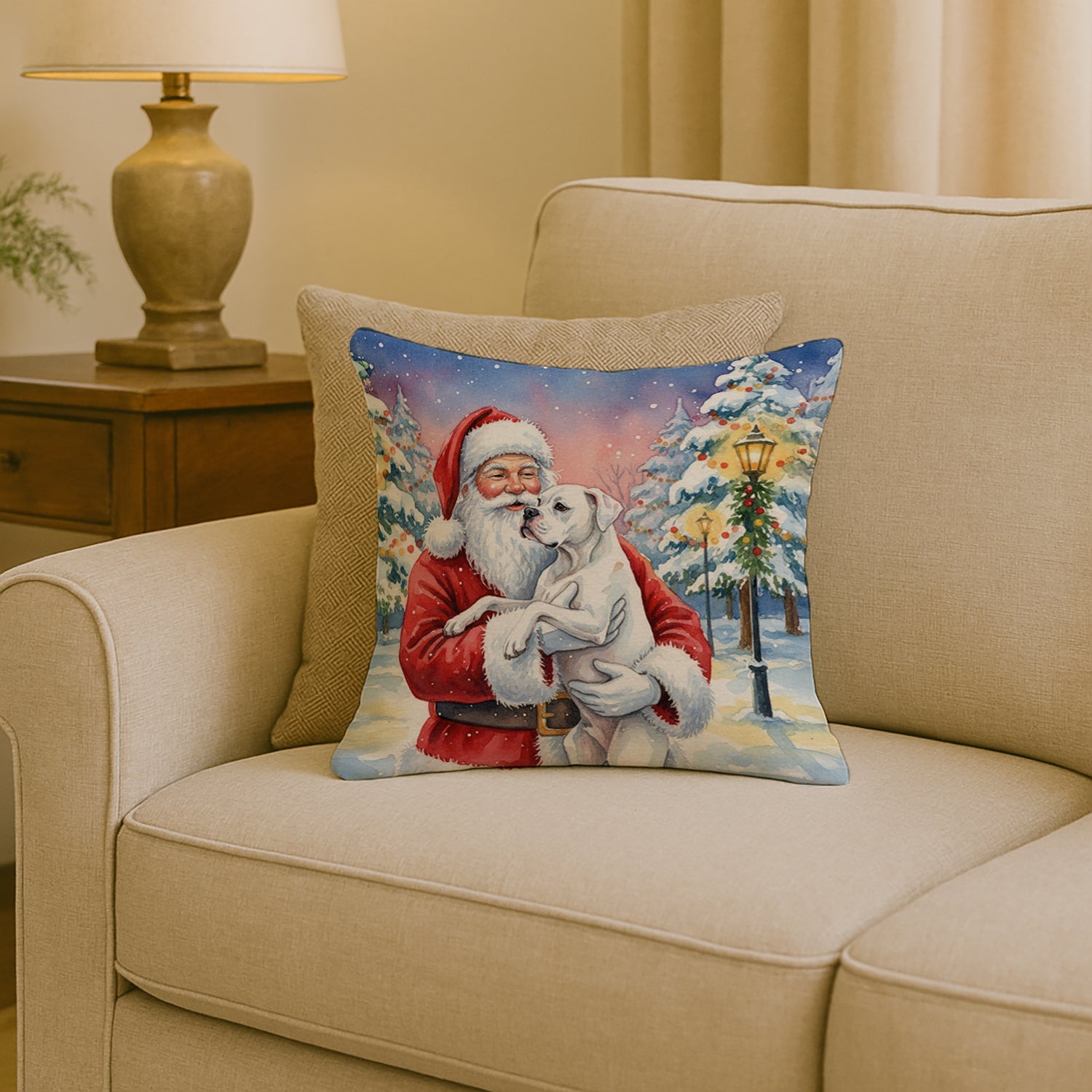 White Boxer with Santa Claus Decorative Throw Pillow 18x18 Indoor Outdoor Accent Cushion, Fabric Cover with Insert for Sofa, Bed, Porch & Living Room
