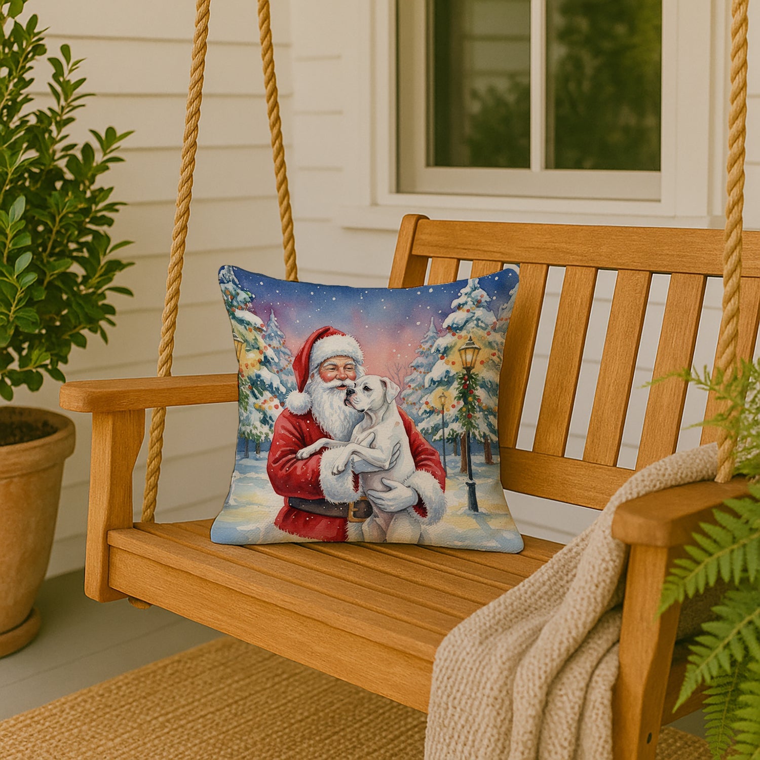 White Boxer with Santa Claus Decorative Throw Pillow 18x18 Indoor Outdoor Accent Cushion, Fabric Cover with Insert for Sofa, Bed, Porch & Living Room