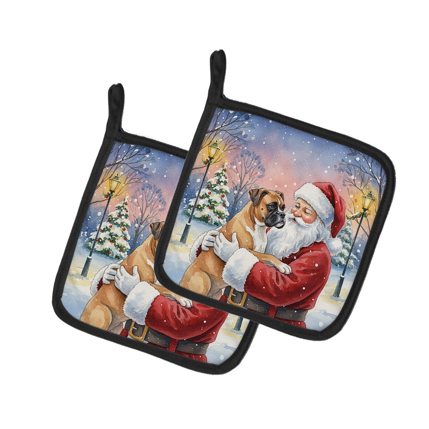 Boxer with Santa Claus Pot Holder Set of 2 Heat Resistant Quilted Hot Pads 7.5 x 7.5 Inch, Insulated Kitchen Trivets for Cooking & Baking