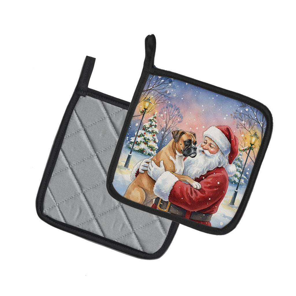 Boxer with Santa Claus Pot Holder Set of 2 Heat Resistant Quilted Hot Pads 7.5 x 7.5 Inch, Insulated Kitchen Trivets for Cooking & Baking