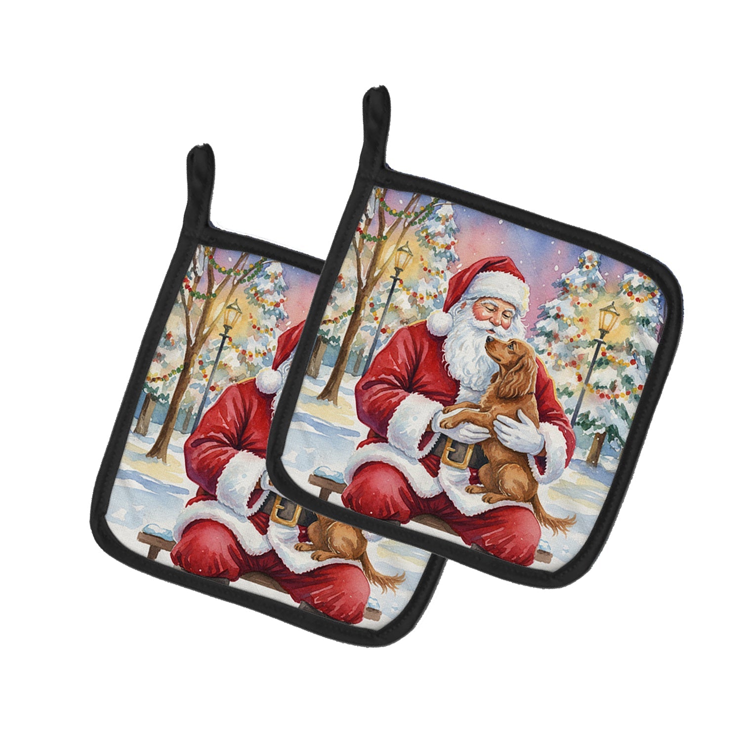 Boykin Spaniel with Santa Claus Pot Holder Set of 2 Heat Resistant Quilted Hot Pads 7.5 x 7.5 Inch, Insulated Kitchen Trivets for Cooking & Baking