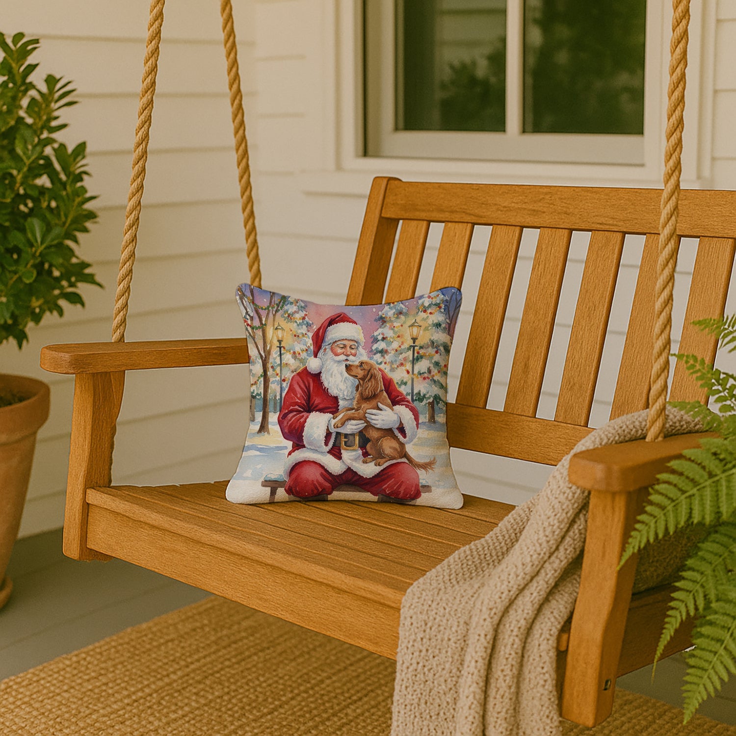 Boykin Spaniel with Santa Claus Decorative Throw Pillow 14x14 Indoor Outdoor Accent Cushion, Fabric Cover with Insert for Sofa, Bed, Porch & Living Room