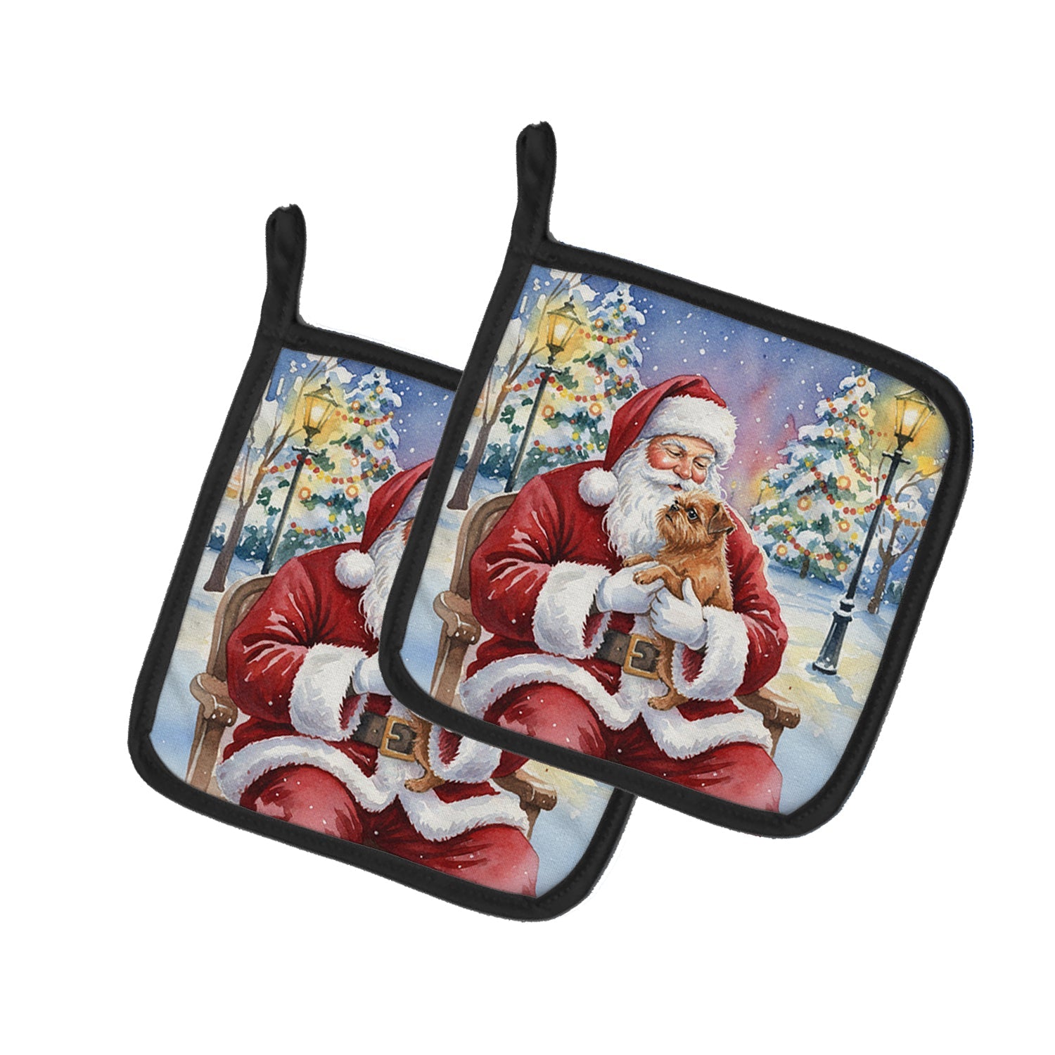 Brussels Griffon with Santa Claus Pot Holder Set of 2 Heat Resistant Quilted Hot Pads 7.5 x 7.5 Inch, Insulated Kitchen Trivets for Cooking & Baking