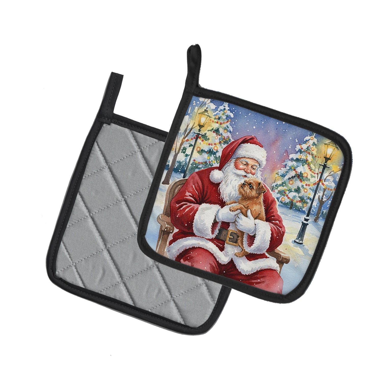 Brussels Griffon with Santa Claus Pot Holder Set of 2 Heat Resistant Quilted Hot Pads 7.5 x 7.5 Inch, Insulated Kitchen Trivets for Cooking & Baking