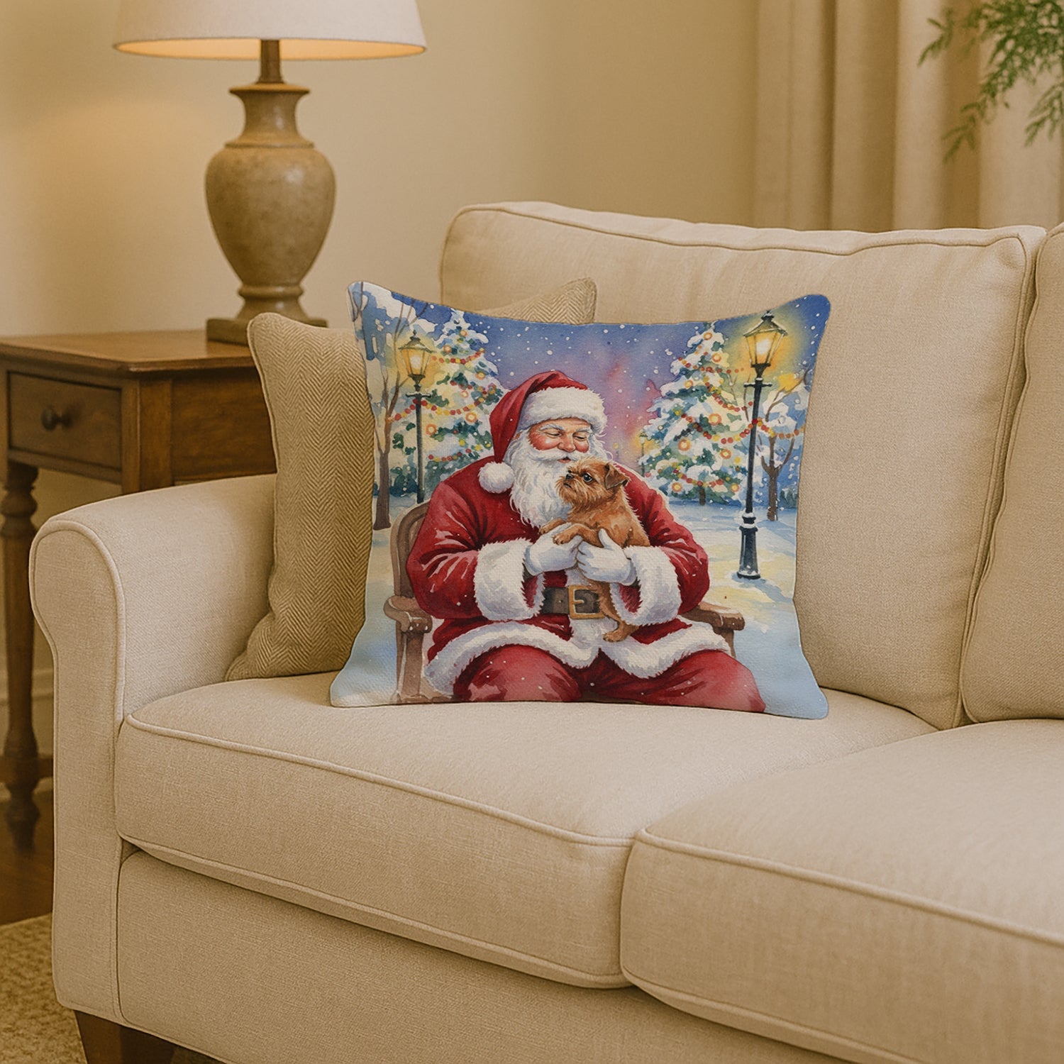 Brussels Griffon with Santa Claus Decorative Throw Pillow 14x14 Indoor Outdoor Accent Cushion, Fabric Cover with Insert for Sofa, Bed, Porch & Living Room