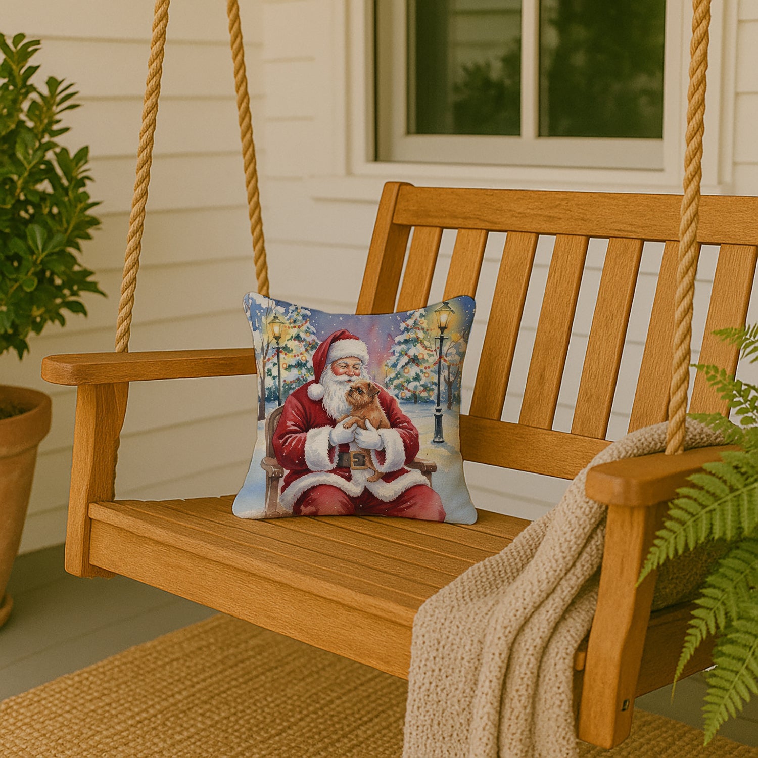 Brussels Griffon with Santa Claus Decorative Throw Pillow 14x14 Indoor Outdoor Accent Cushion, Fabric Cover with Insert for Sofa, Bed, Porch & Living Room