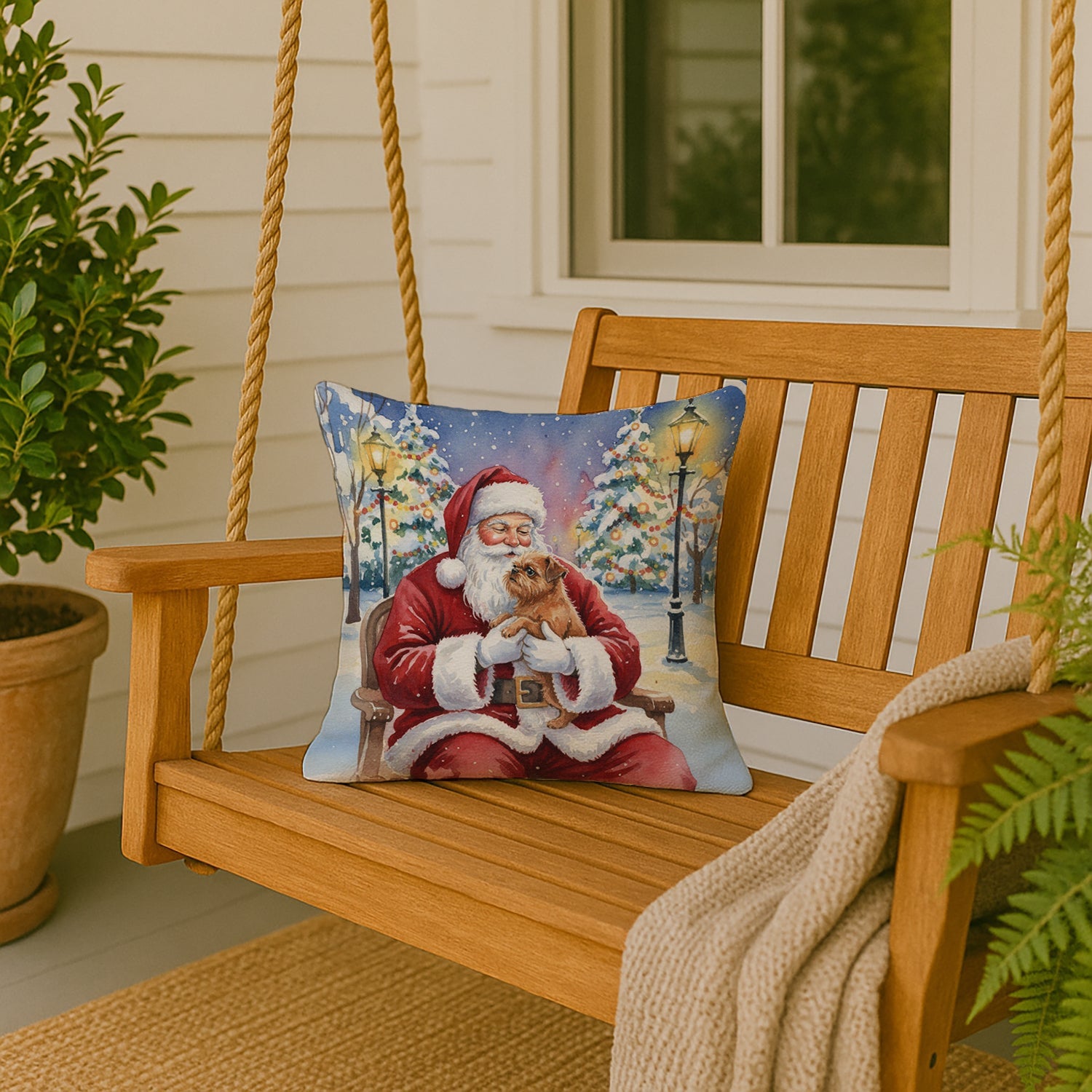 Brussels Griffon with Santa Claus Decorative Throw Pillow 18x18 Indoor Outdoor Accent Cushion, Fabric Cover with Insert for Sofa, Bed, Porch & Living Room