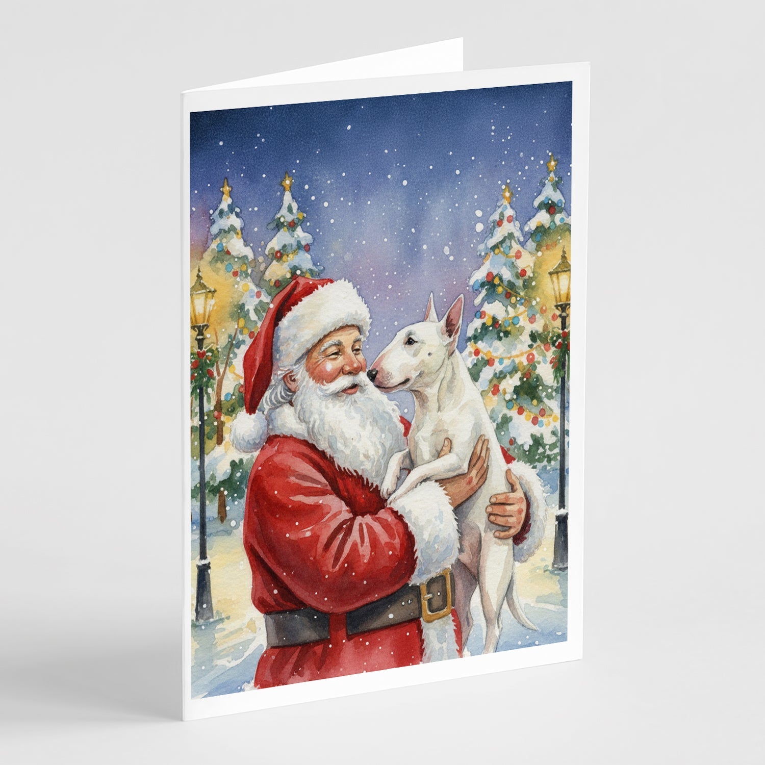 Bull Terrier with Santa Claus Greeting Cards Pack of 8 Blank Cards with Envelopes Whimsical A7 Size 5x7