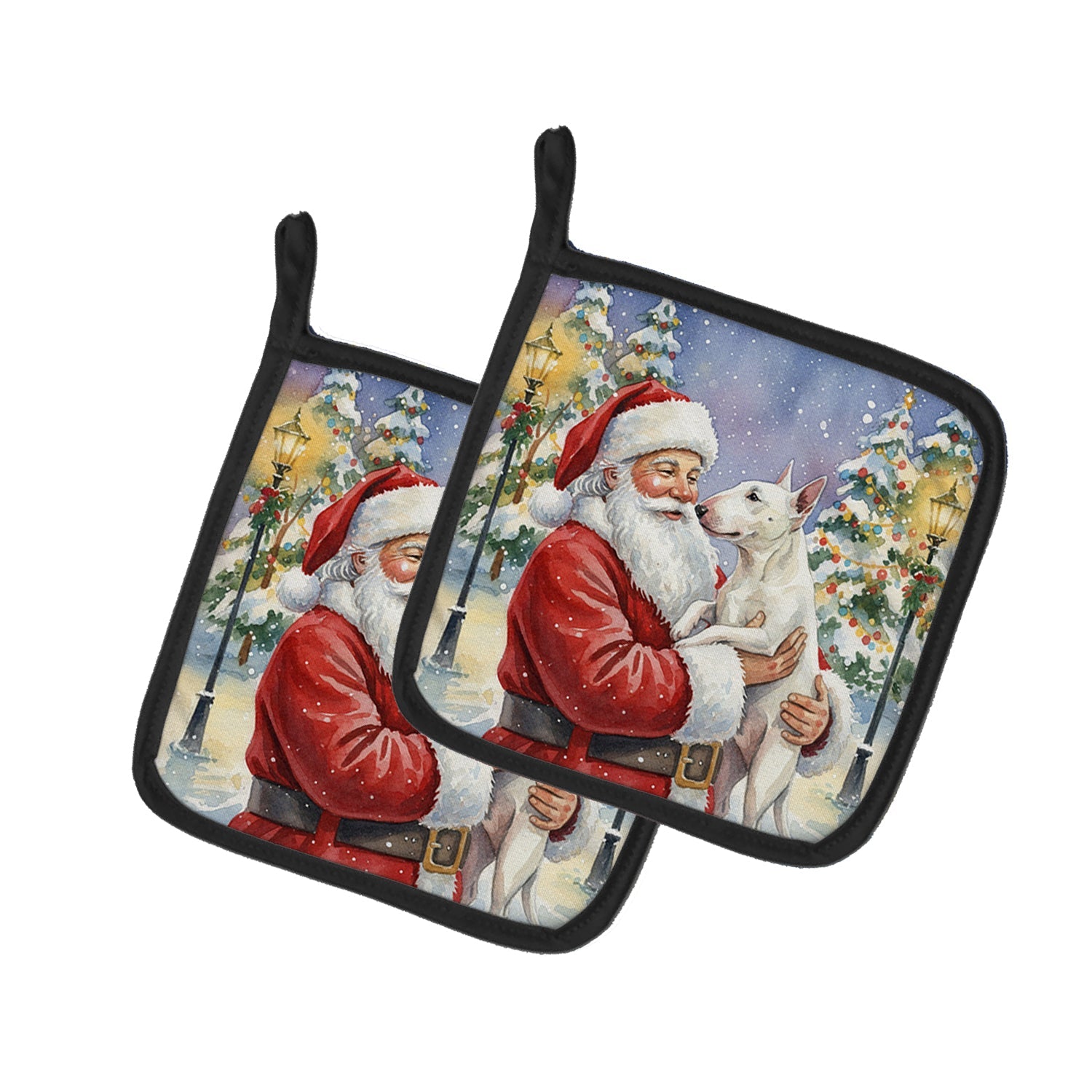Bull Terrier with Santa Claus Pot Holder Set of 2 Heat Resistant Quilted Hot Pads 7.5 x 7.5 Inch, Insulated Kitchen Trivets for Cooking & Baking