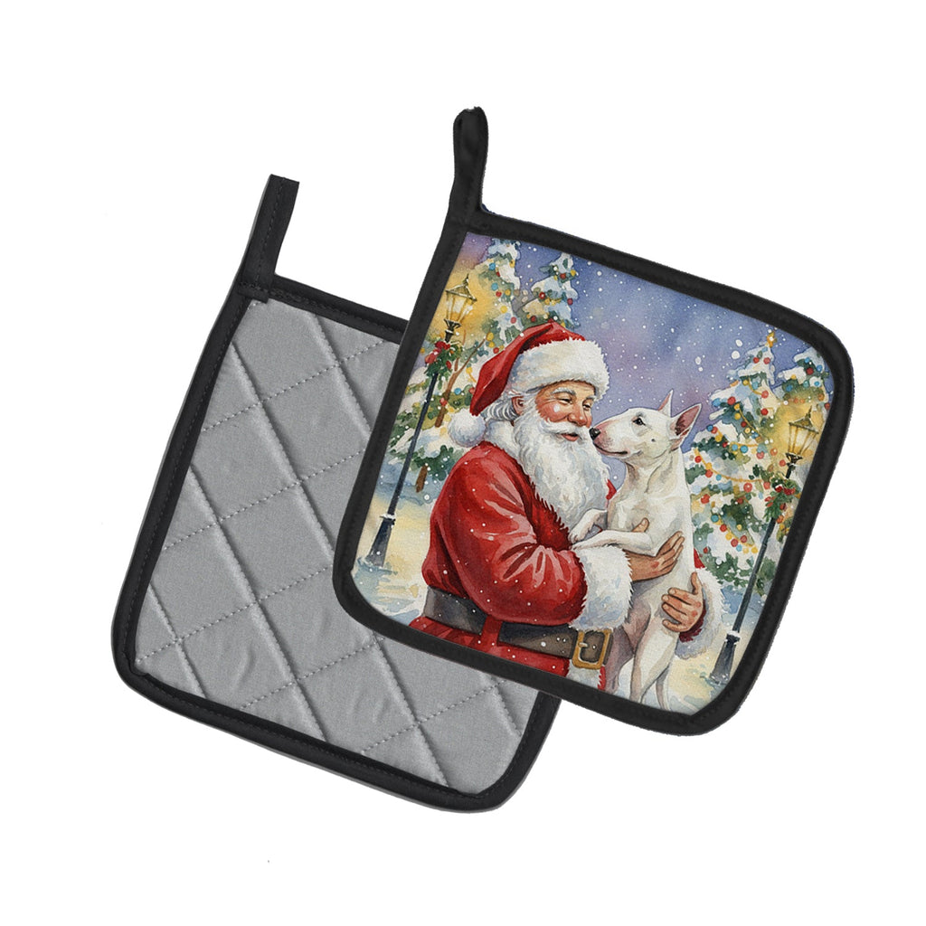 Bull Terrier with Santa Claus Pot Holder Set of 2 Heat Resistant Quilted Hot Pads 7.5 x 7.5 Inch, Insulated Kitchen Trivets for Cooking & Baking