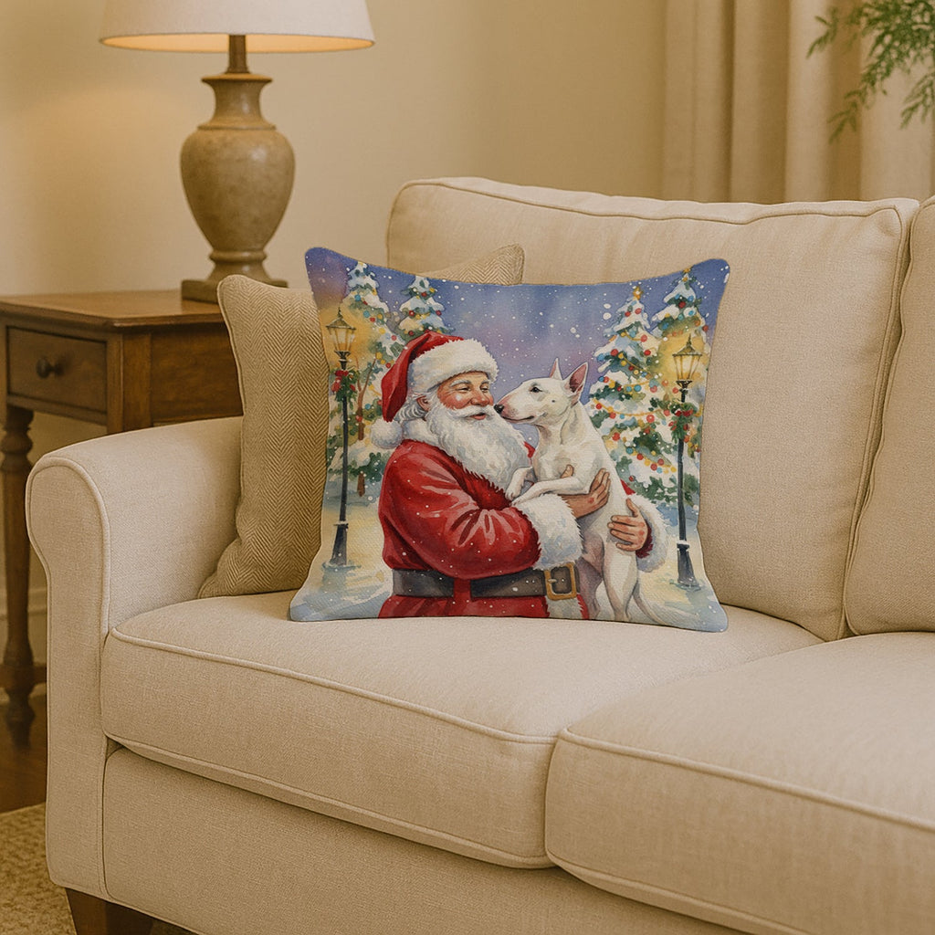 Bull Terrier with Santa Claus Decorative Throw Pillow 14x14 Indoor Outdoor Accent Cushion, Fabric Cover with Insert for Sofa, Bed, Porch & Living Room
