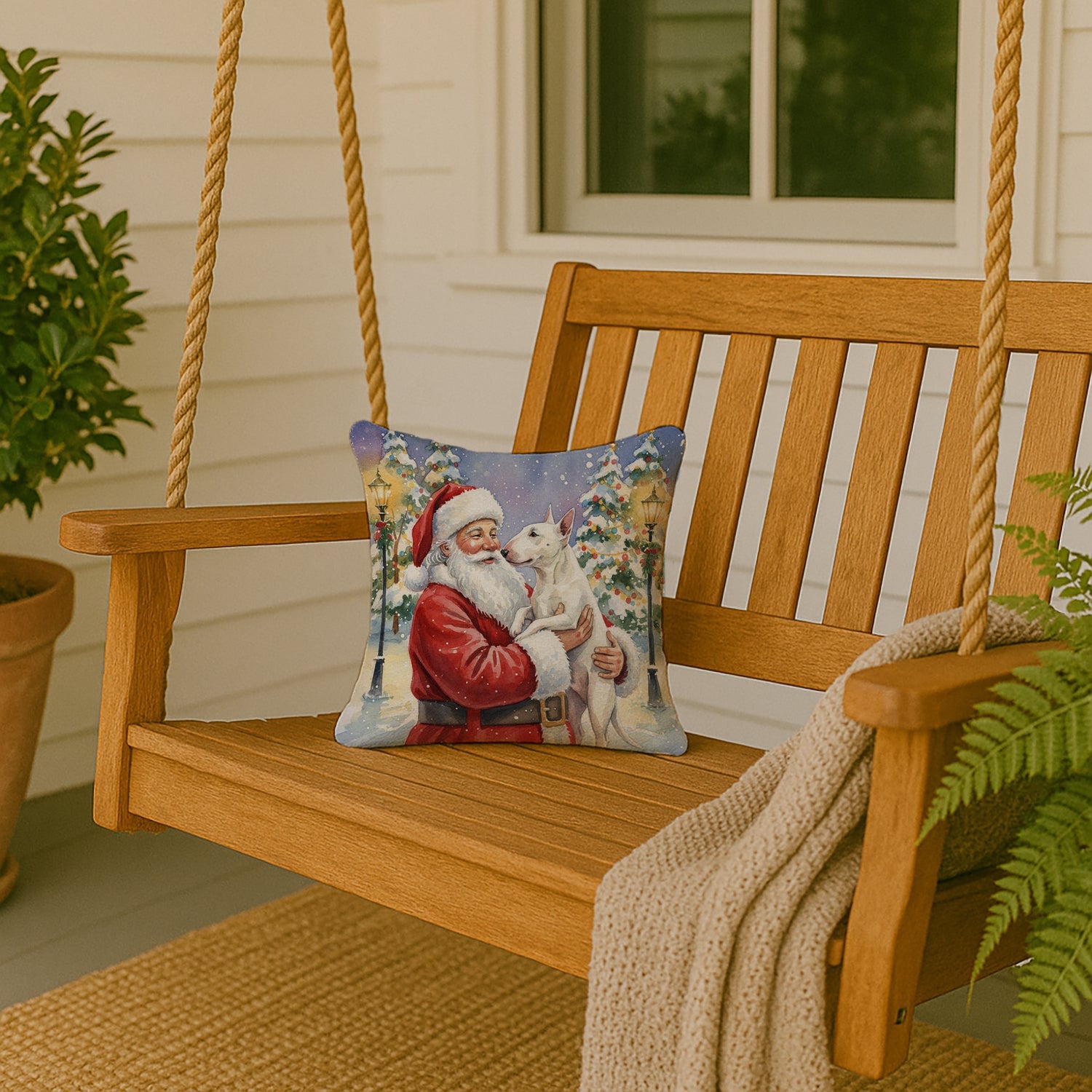 Bull Terrier with Santa Claus Decorative Throw Pillow 14x14 Indoor Outdoor Accent Cushion, Fabric Cover with Insert for Sofa, Bed, Porch & Living Room