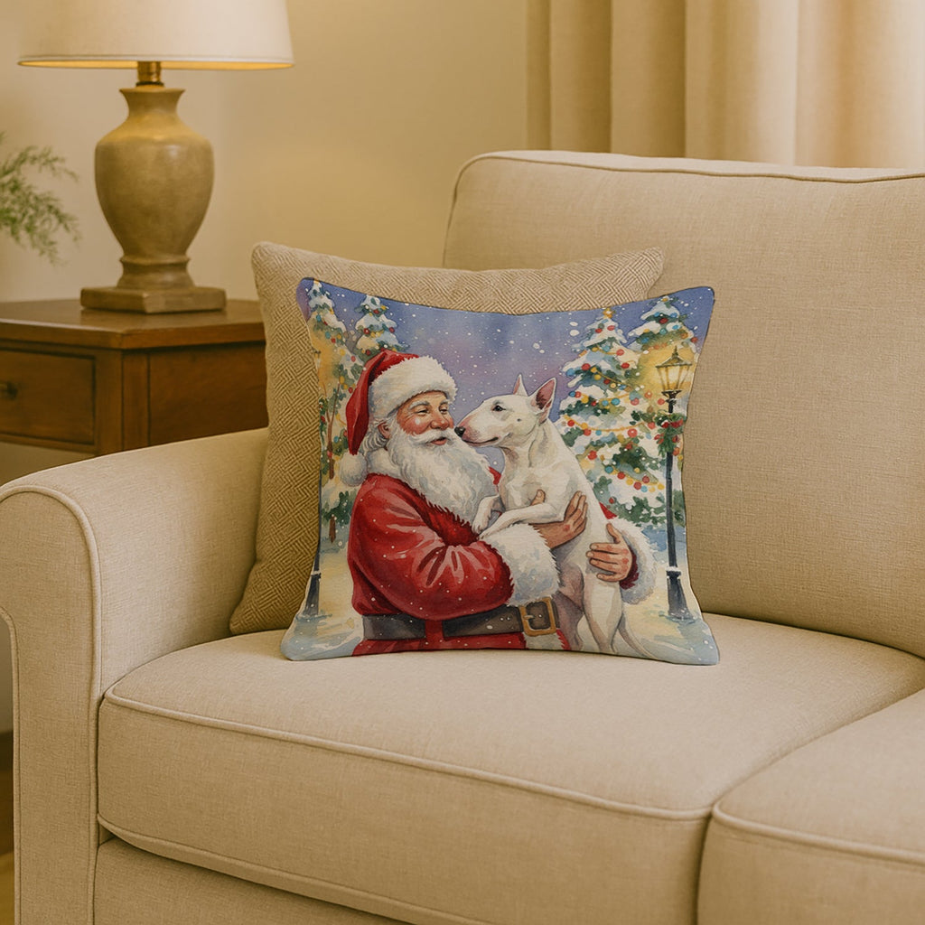 Bull Terrier with Santa Claus Decorative Throw Pillow 18x18 Indoor Outdoor Accent Cushion, Fabric Cover with Insert for Sofa, Bed, Porch & Living Room