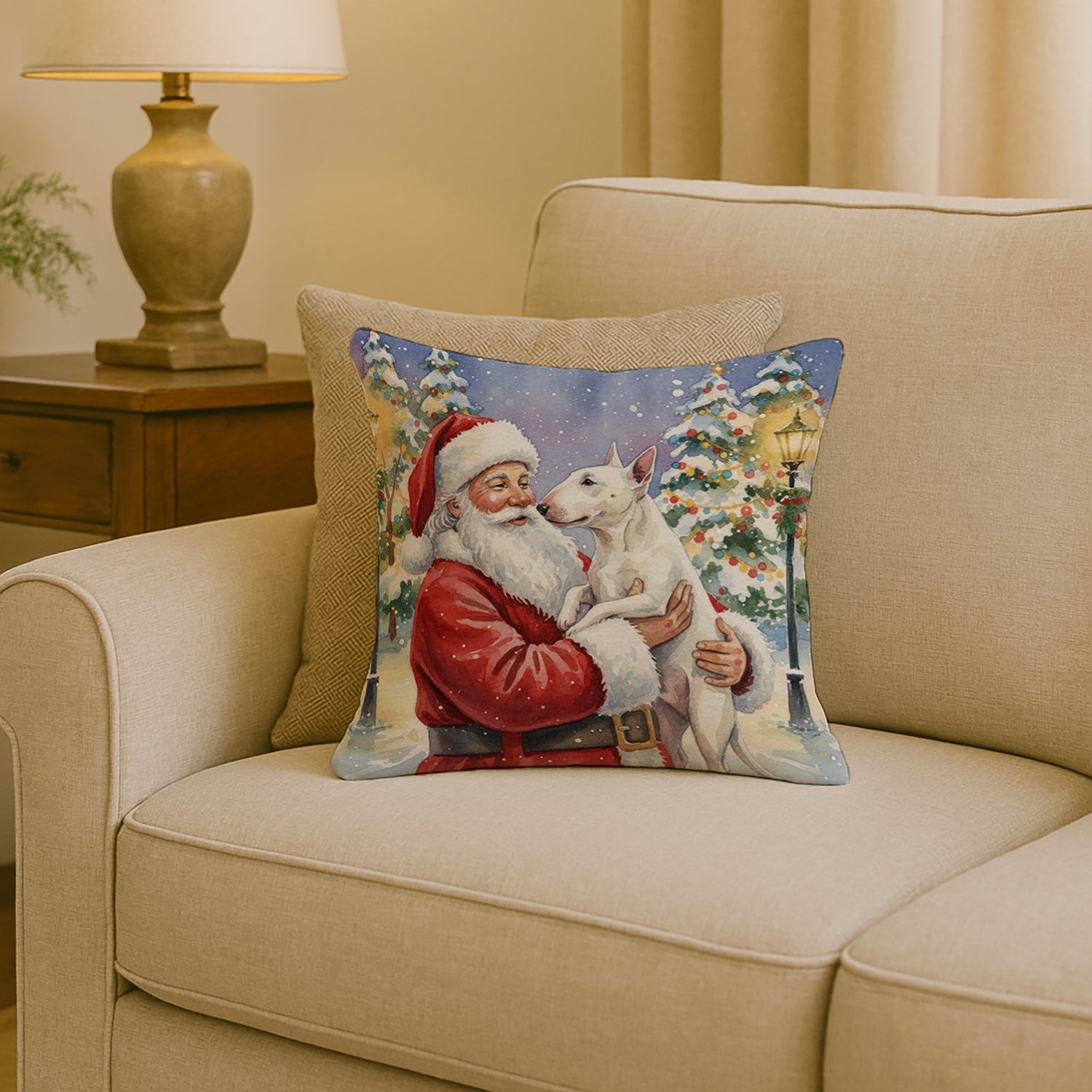 Bull Terrier with Santa Claus Decorative Throw Pillow 18x18 Indoor Outdoor Accent Cushion, Fabric Cover with Insert for Sofa, Bed, Porch & Living Room