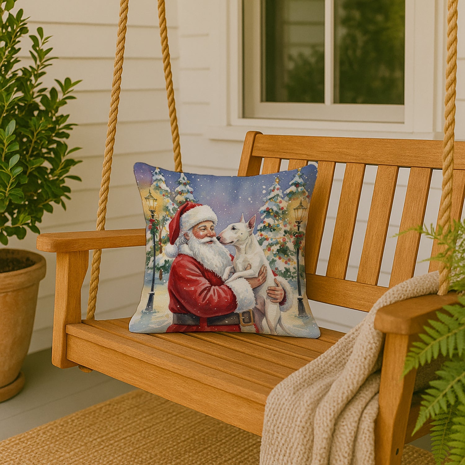 Bull Terrier with Santa Claus Decorative Throw Pillow 18x18 Indoor Outdoor Accent Cushion, Fabric Cover with Insert for Sofa, Bed, Porch & Living Room