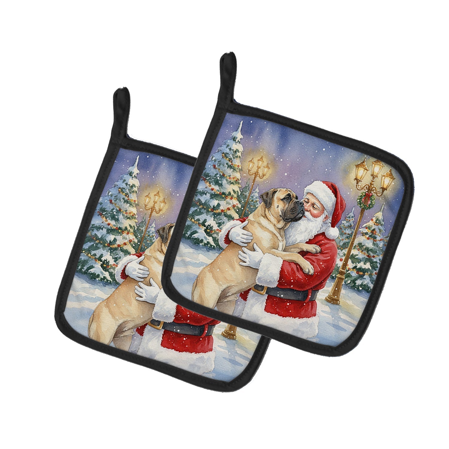 Bullmastiff with Santa Claus Pot Holder Set of 2 Heat Resistant Quilted Hot Pads 7.5 x 7.5 Inch, Insulated Kitchen Trivets for Cooking & Baking