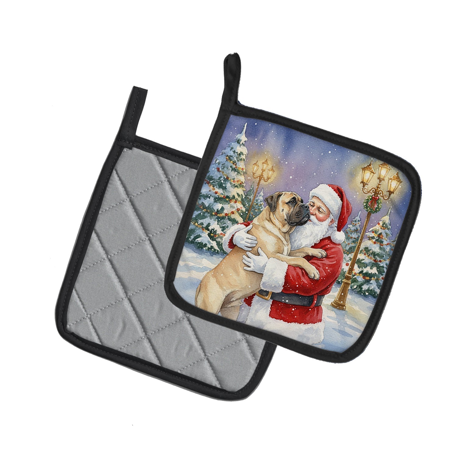 Bullmastiff with Santa Claus Pot Holder Set of 2 Heat Resistant Quilted Hot Pads 7.5 x 7.5 Inch, Insulated Kitchen Trivets for Cooking & Baking
