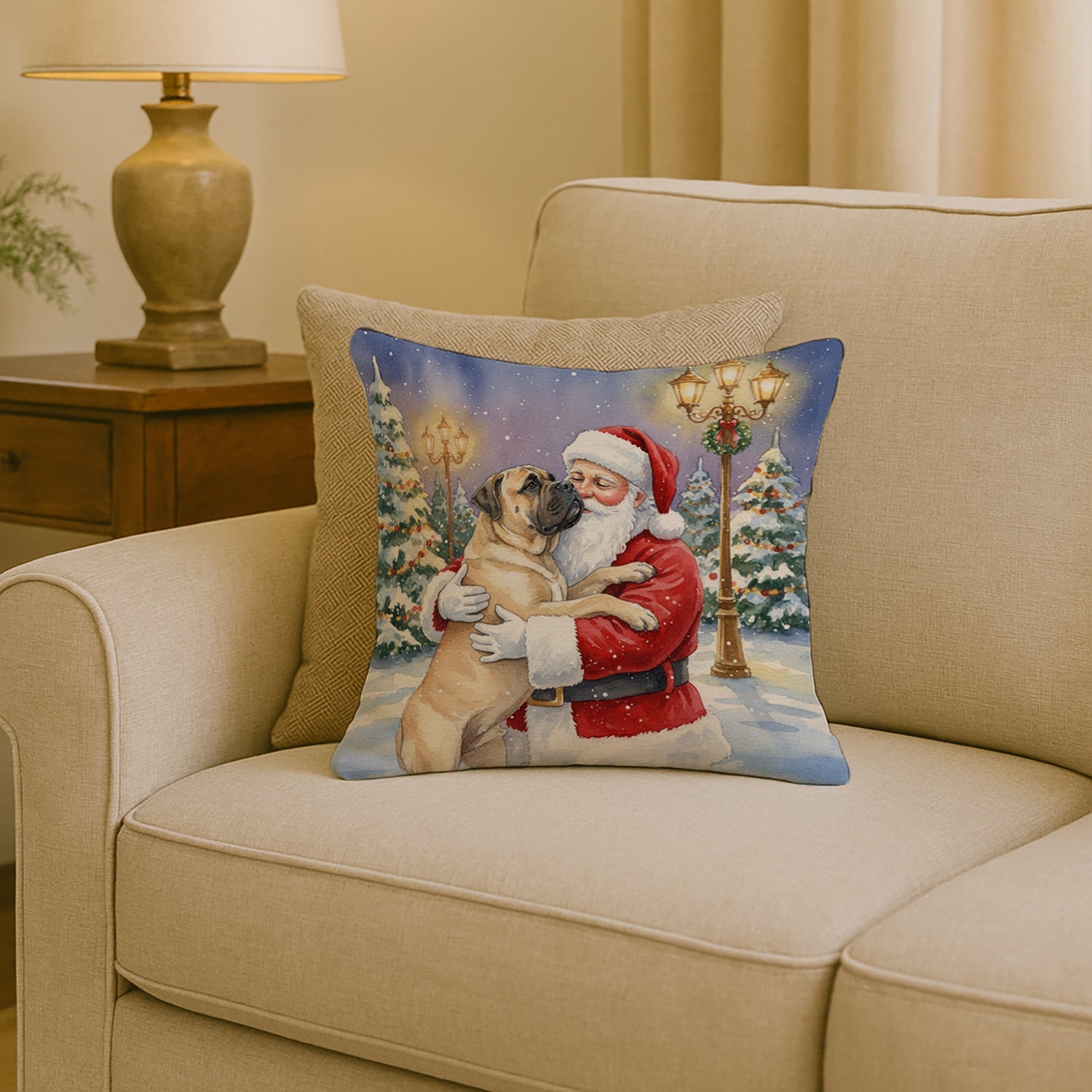 Bullmastiff with Santa Claus Decorative Throw Pillow 18x18 Indoor Outdoor Accent Cushion, Fabric Cover with Insert for Sofa, Bed, Porch & Living Room