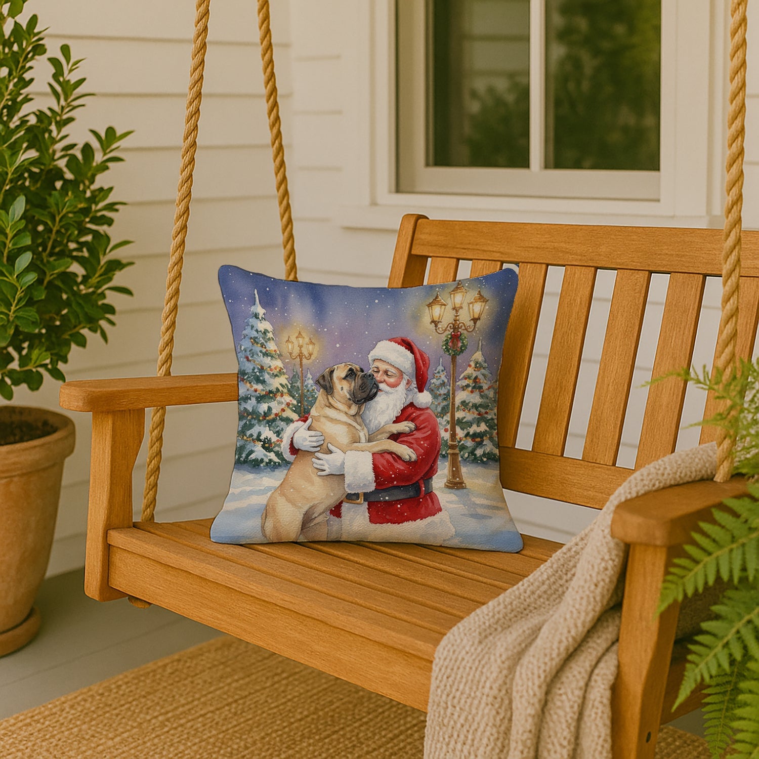 Bullmastiff with Santa Claus Decorative Throw Pillow 18x18 Indoor Outdoor Accent Cushion, Fabric Cover with Insert for Sofa, Bed, Porch & Living Room