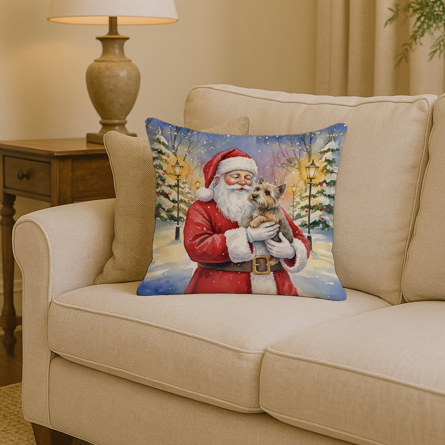 Cairn Terrier with Santa Claus Decorative Throw Pillow 14x14 Indoor Outdoor Accent Cushion, Fabric Cover with Insert for Sofa, Bed, Porch & Living Room