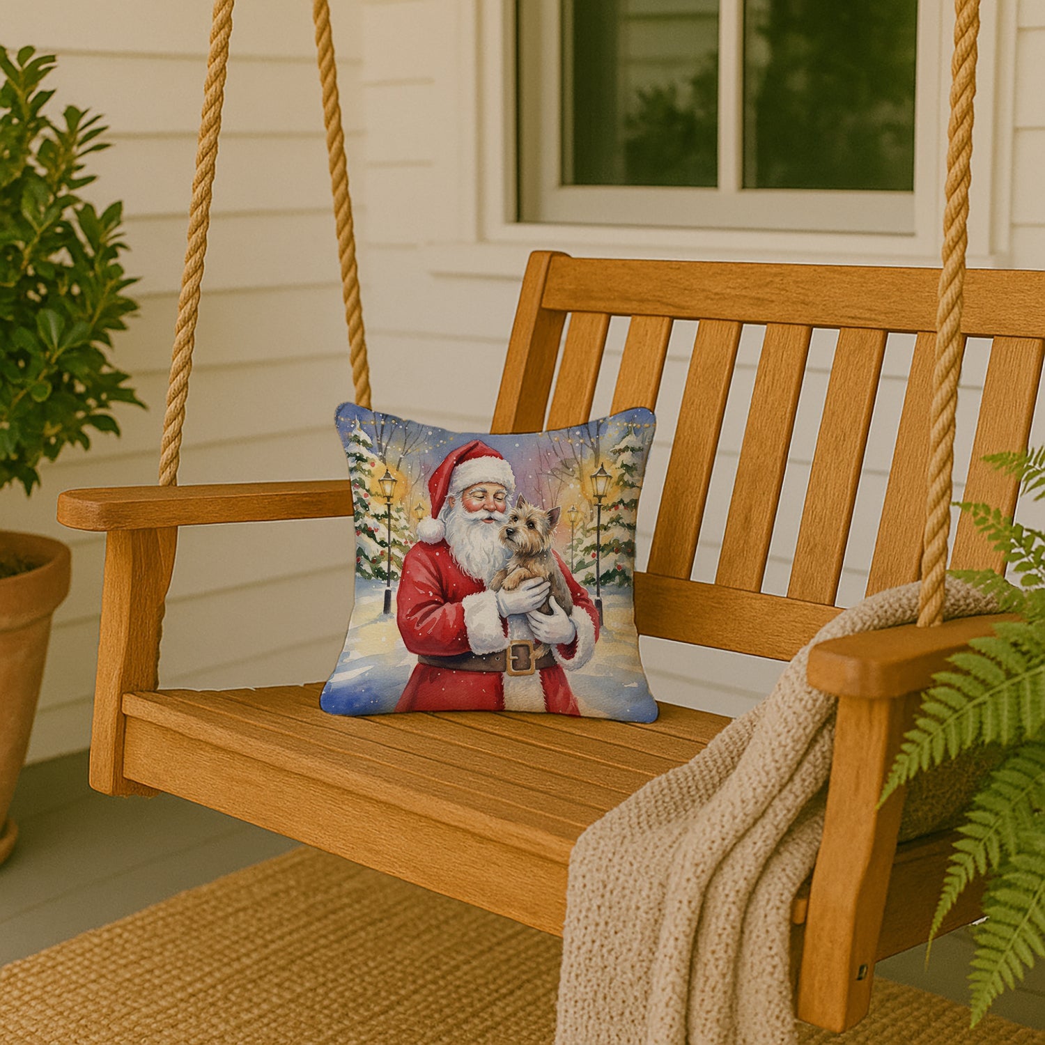 Cairn Terrier with Santa Claus Decorative Throw Pillow 14x14 Indoor Outdoor Accent Cushion, Fabric Cover with Insert for Sofa, Bed, Porch & Living Room