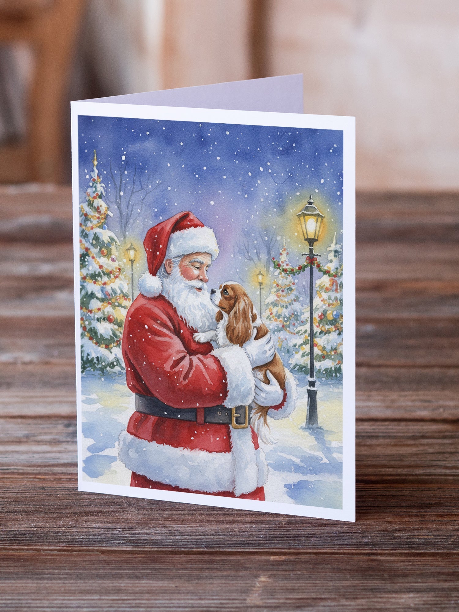 Cavalier Spaniel with Santa Claus Greeting Cards Pack of 8 Blank Cards with Envelopes Whimsical A7 Size 5x7