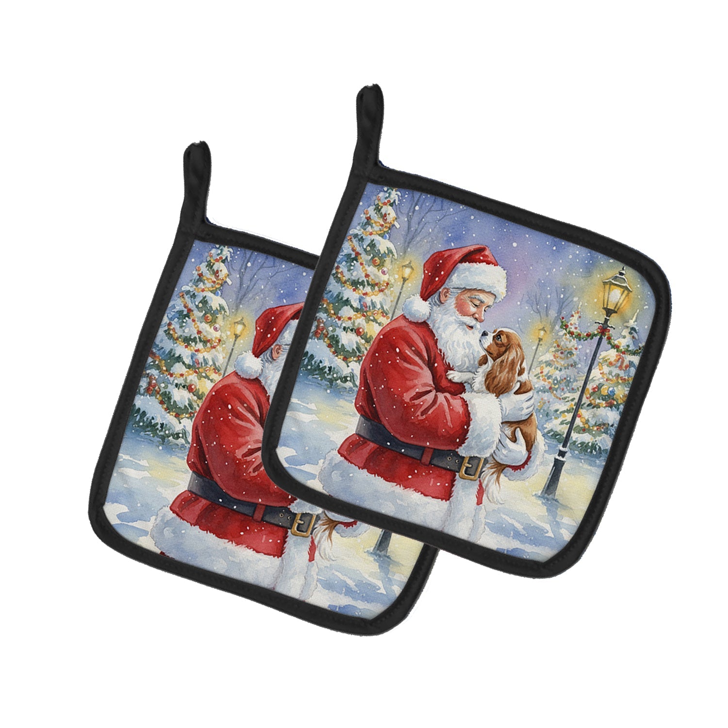 Cavalier Spaniel with Santa Claus Pot Holder Set of 2 Heat Resistant Quilted Hot Pads 7.5 x 7.5 Inch, Insulated Kitchen Trivets for Cooking & Baking