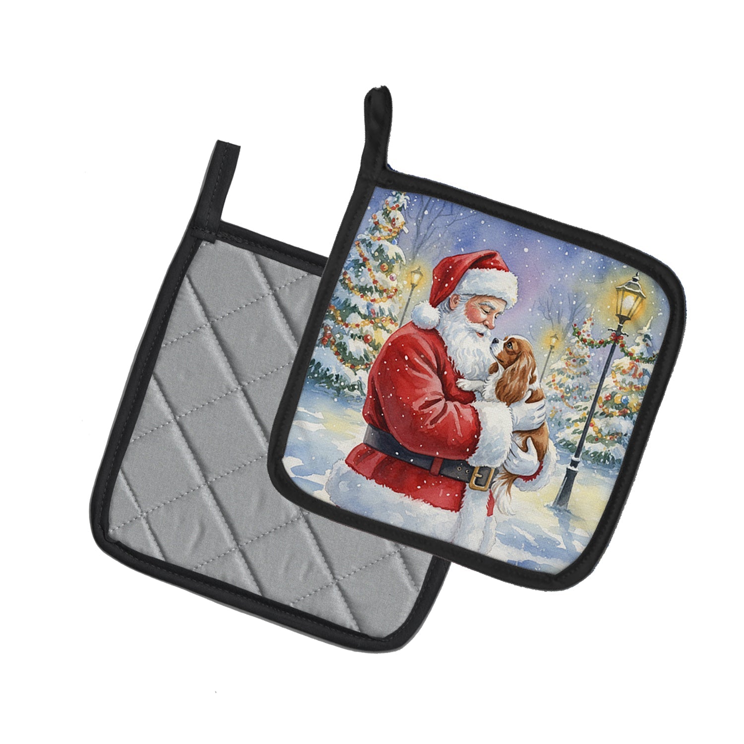 Cavalier Spaniel with Santa Claus Pot Holder Set of 2 Heat Resistant Quilted Hot Pads 7.5 x 7.5 Inch, Insulated Kitchen Trivets for Cooking & Baking