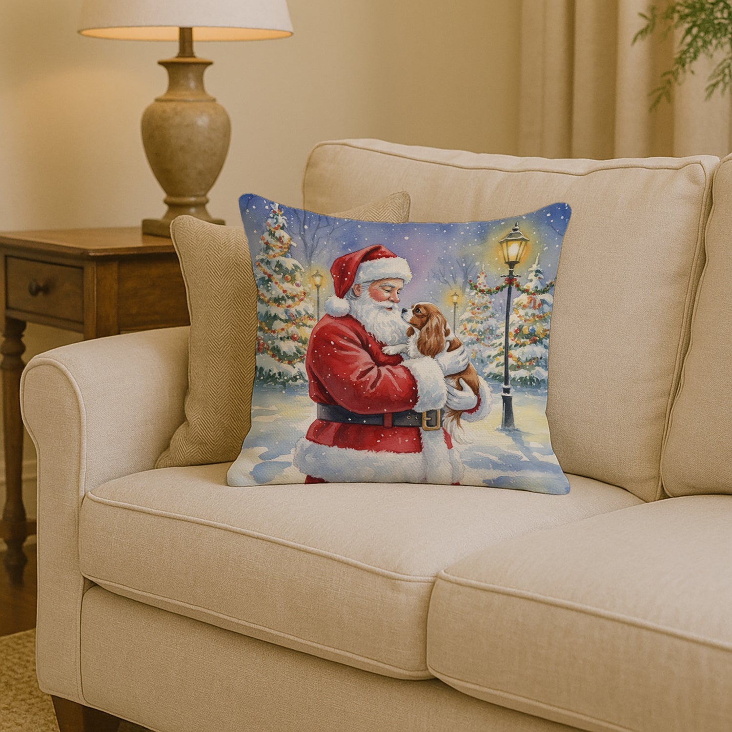 Cavalier Spaniel with Santa Claus Decorative Throw Pillow 14x14 Indoor Outdoor Accent Cushion, Fabric Cover with Insert for Sofa, Bed, Porch & Living Room